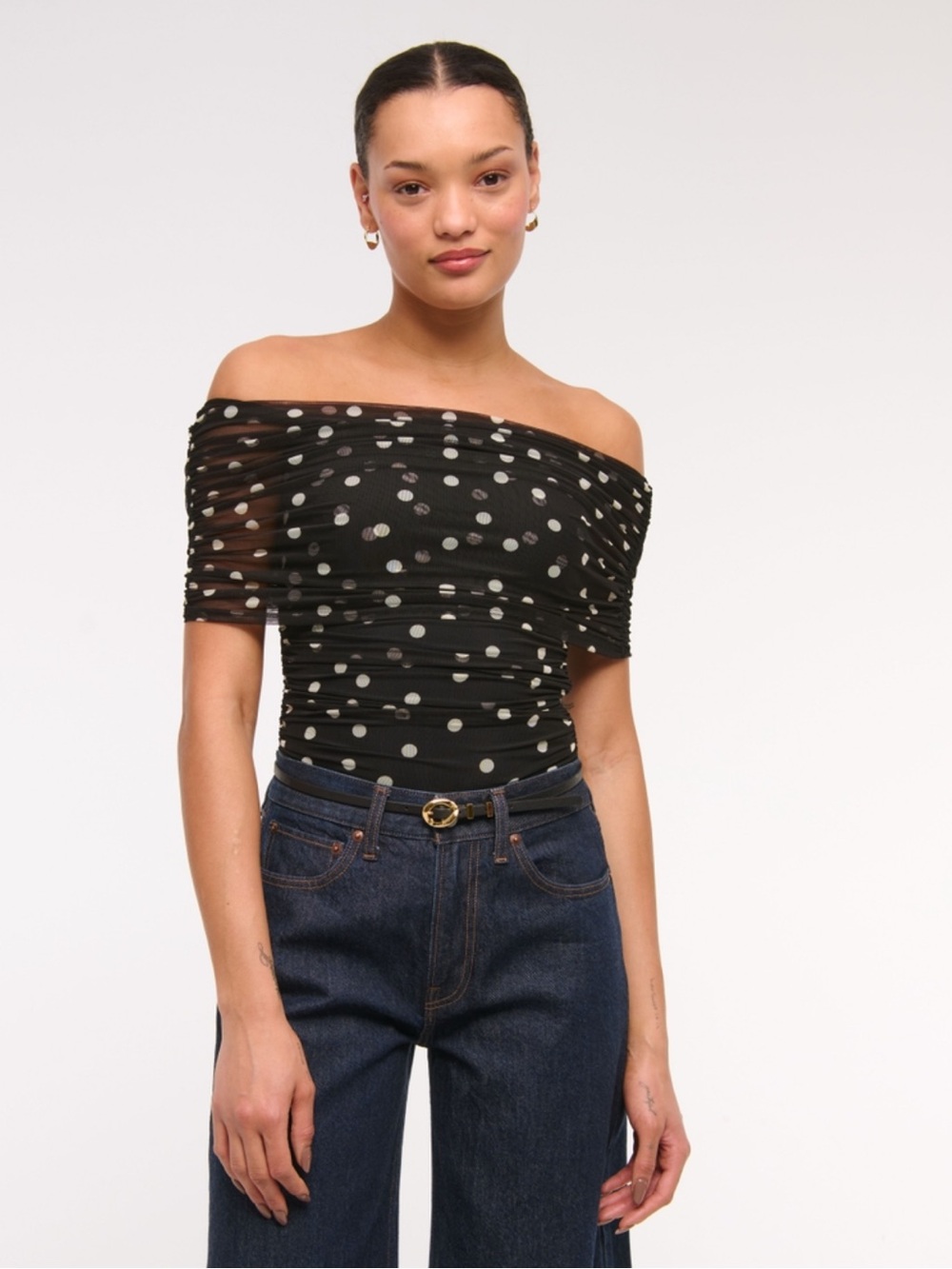 Abercrombie & Fitch Mesh Foldover Off-Shoulder Polka Dot Bodysuit S